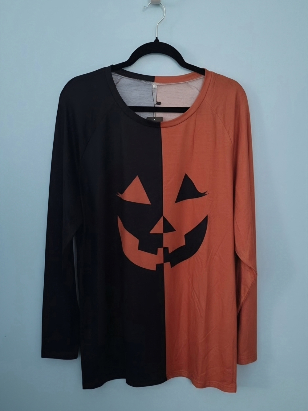 Womens Two-Tone Pumpkin Face Long-Sleeve Tee - Black & Orange